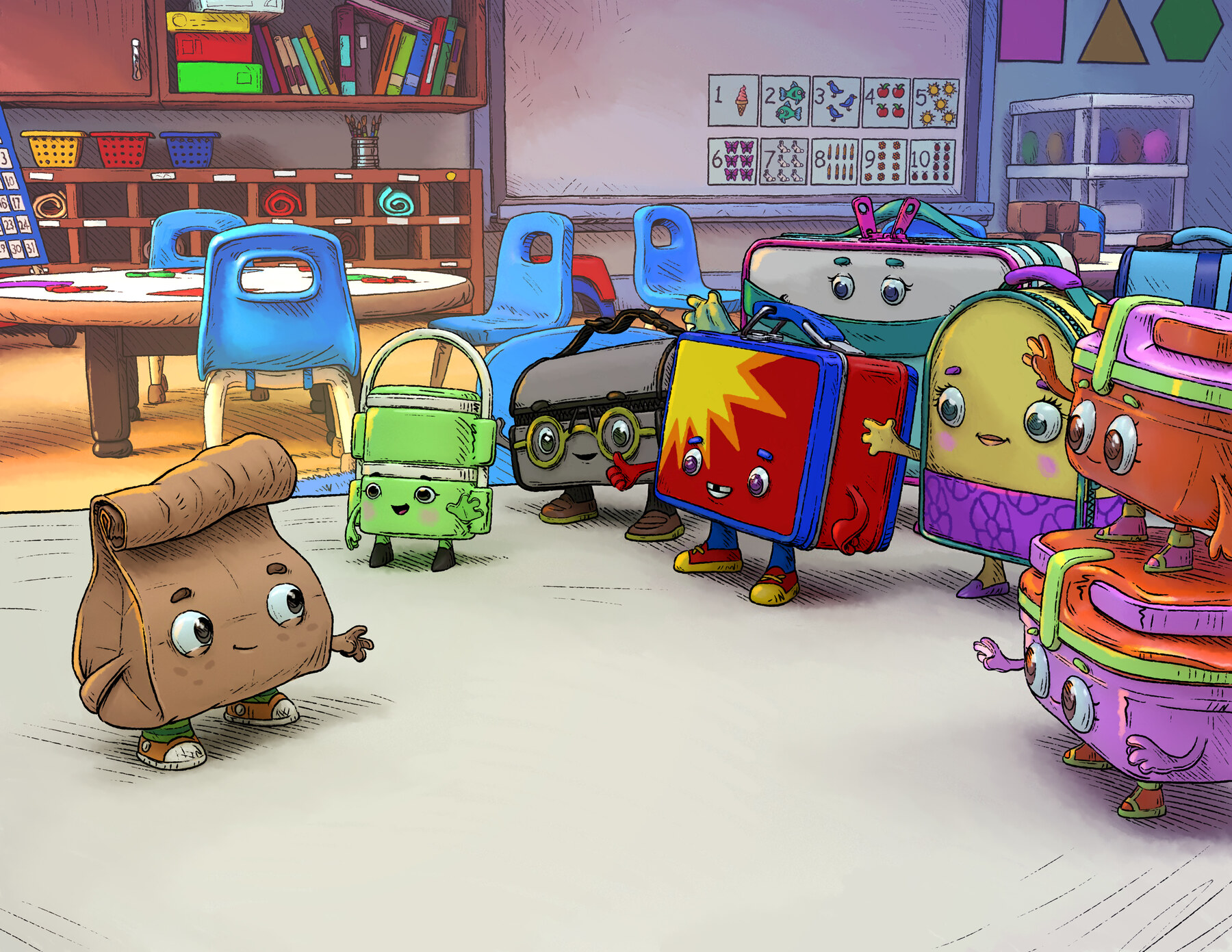 Colourful illustration from Nottle's First Day of School
